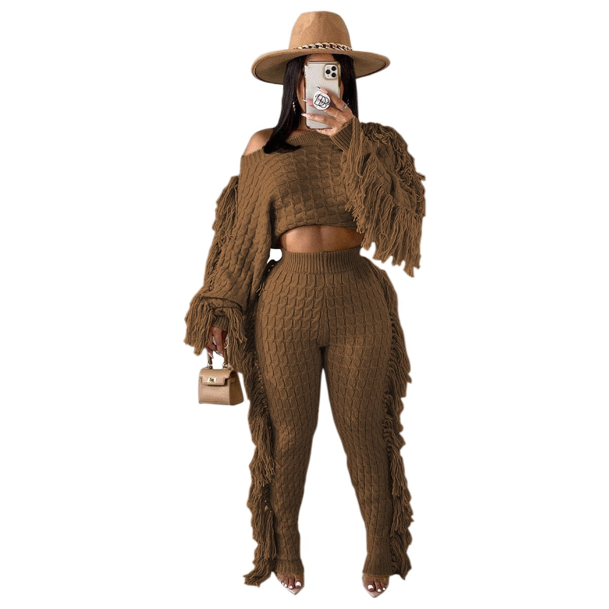 ANJAMANOR Tassel Knitted Sweater Sexy Two Piece Set Matching Pants Sets Fashion Winter Outfits for Women 2021 Wholesale D62-HZ95