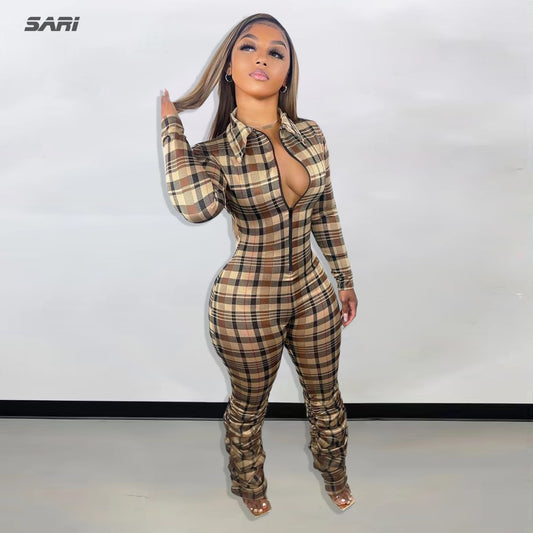 2022 Jumpsuit Women Slim Fit Zipper V Neck Sexy Fashion Plaid Bodysuit Spring Outdoor Sportswear Club Romper Pleated Pants