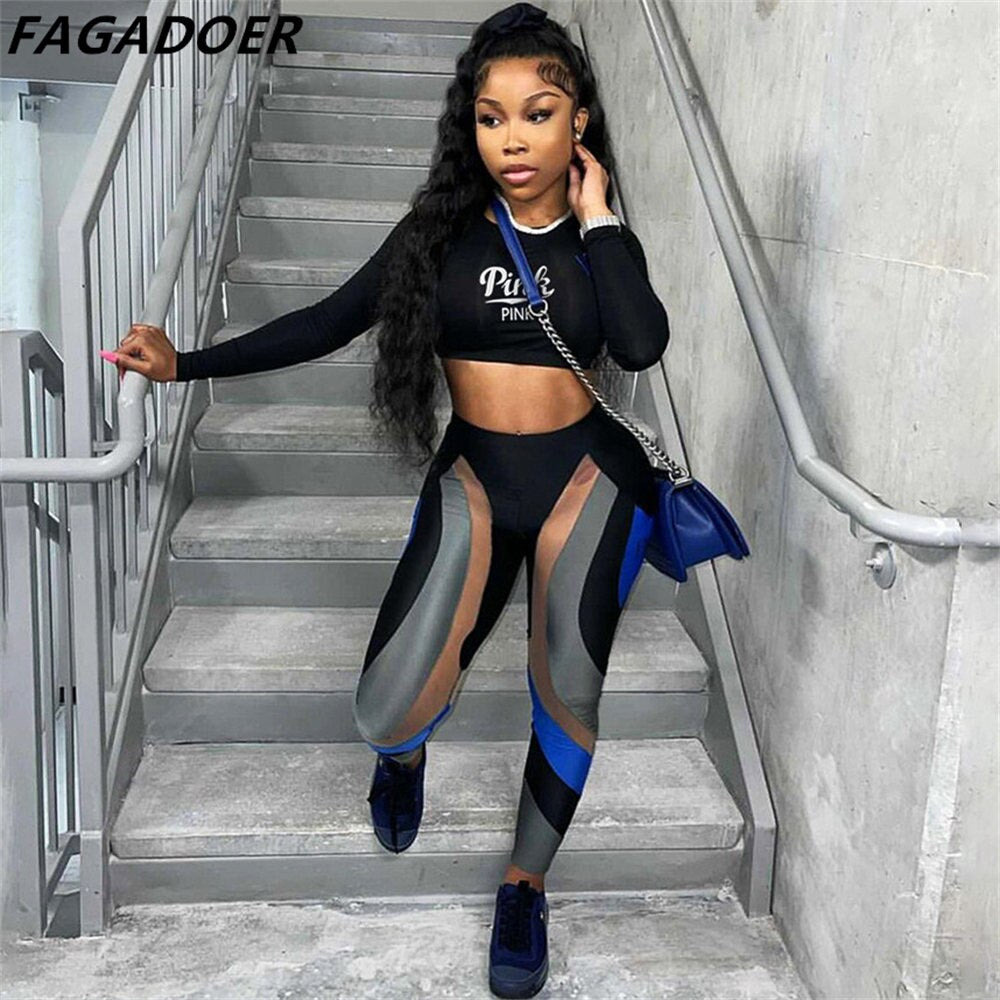 FAGADOER Street Casual Two Piece Set Women Sporty Pink Letter Print Crop Top Skinny Patchwork Leggings Matching Outfit Tracksuit