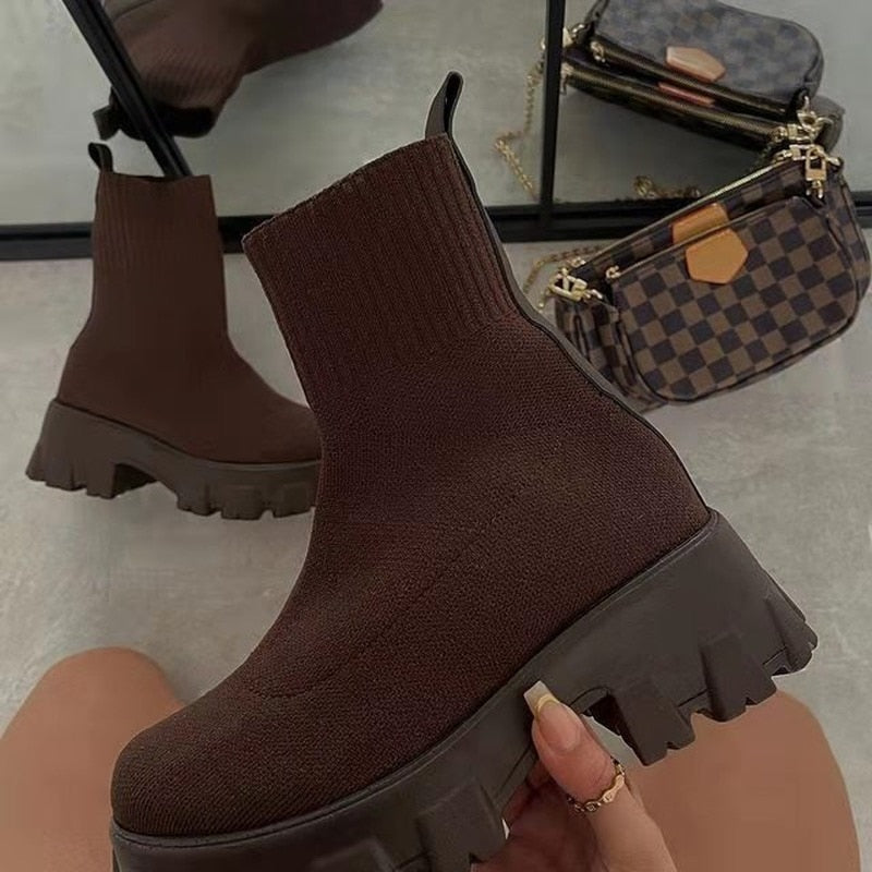 Women Boots Autumn Winter Boots Slip on Socks Shoes Women 2022 Platform Boots with Heels Botas De Mujer Knitted Botines Female