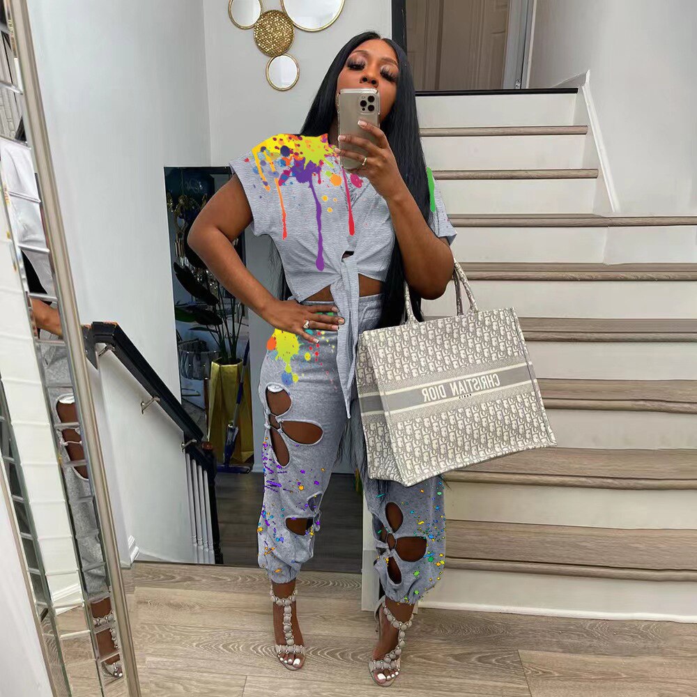 Women Two 2 Piece Set Splash Ink Tie Hem T-shirt and Hole in Lace Pants Streetwear Tracksuit 2022 Office Casual Suit