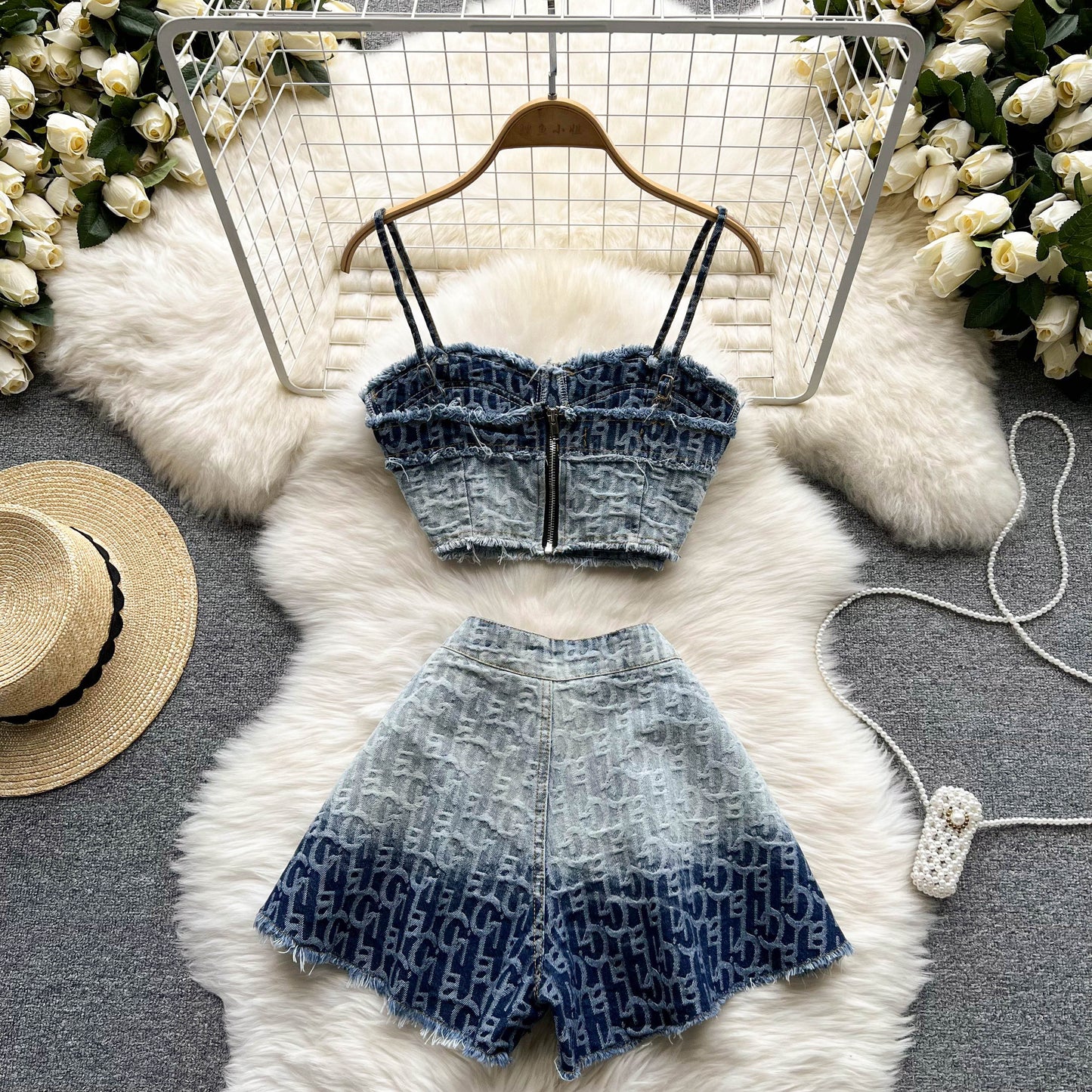 Summer Two Piece Set Women's Denim Suits With Shorts Spagetti Strap Crop Top And High Waist A-Line Short Sexy Outfits For Woman