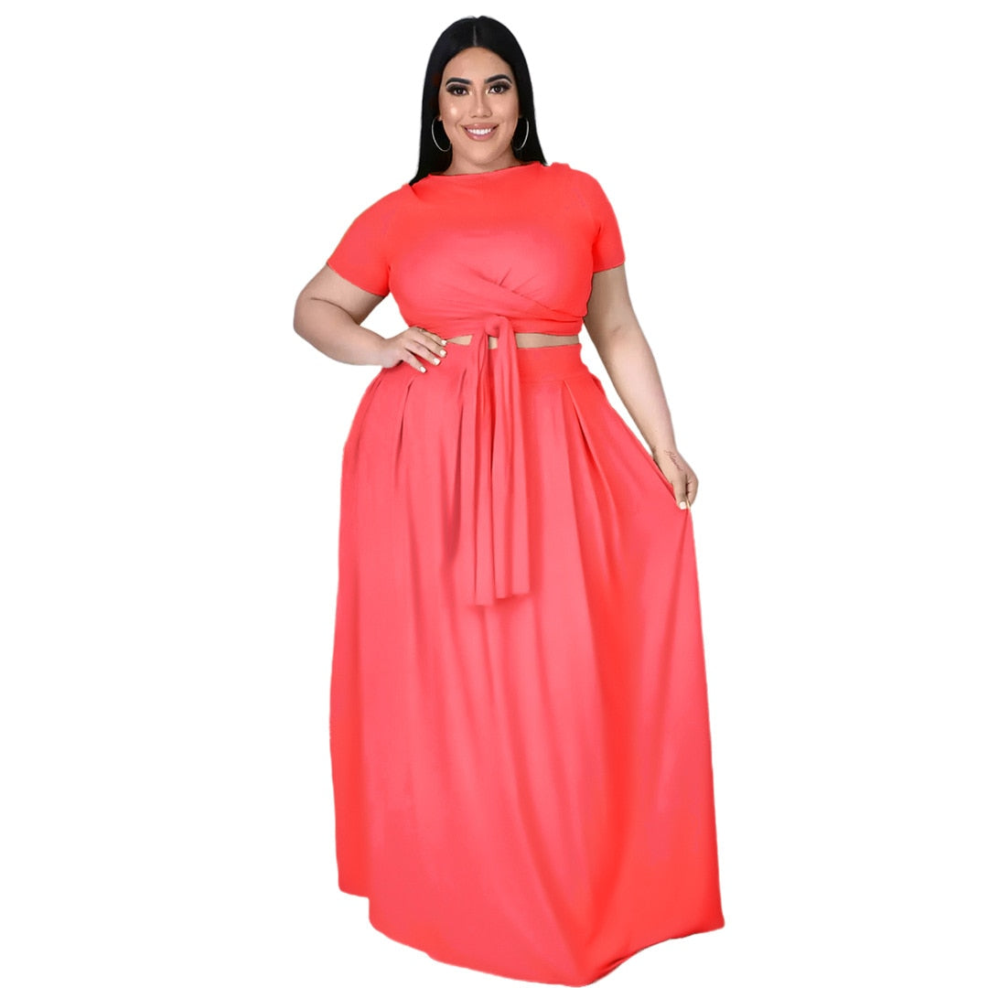Sexy Streetwear Women's Set  Lace Up Knotted Crop Tops Maxi Skirts Matching Set Tracksuit Two Piece Set Outfits
