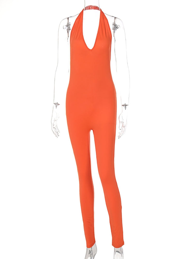 Simenual Solid Bodycon Halter Women Long Jumpsuits Skinny Backless Sleeveless Workout Overalls Sportswear Fashion Basic Jumpsuit