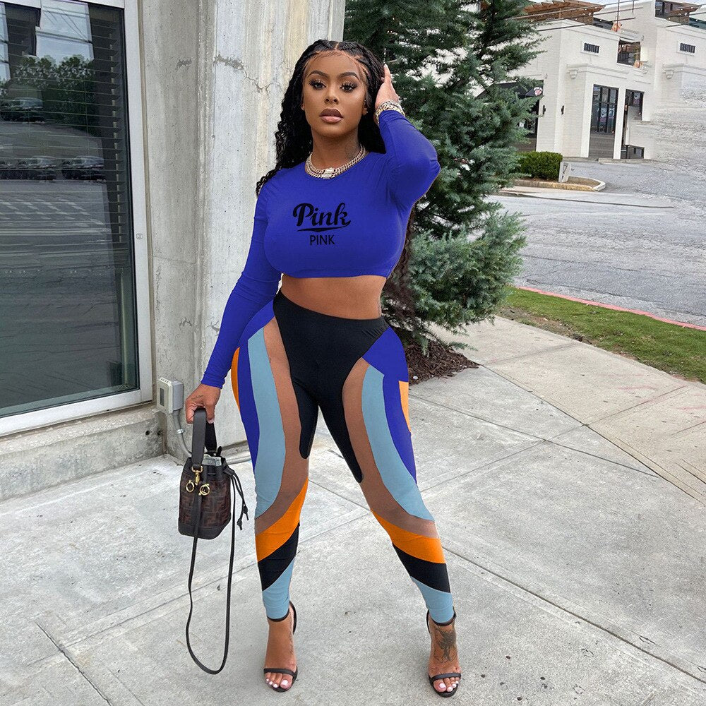 FAGADOER Street Casual Two Piece Set Women Sporty Pink Letter Print Crop Top Skinny Patchwork Leggings Matching Outfit Tracksuit