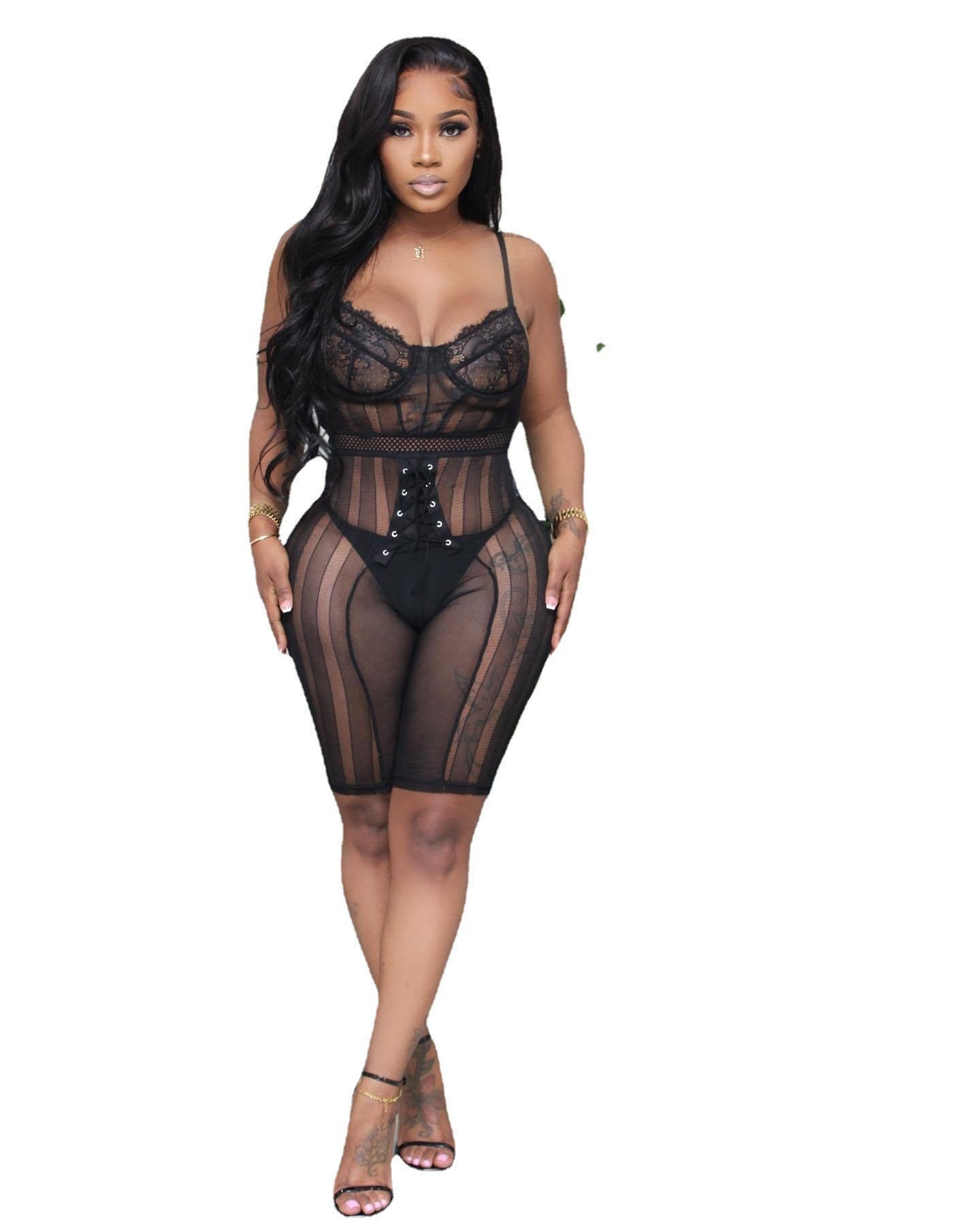 Sexy Lace Playsuit Romper Summer Sling Grommet Lace Up See Through steel ring Shorts Bodycon Club Party Jumpsuit One Piece