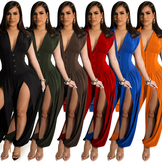 Echoine Woman Fashion Solid Sexy Deep V Neck Sleeveless Hollow Out Long Jumpsuit Casual Intellectual Club Party Romper Overalls