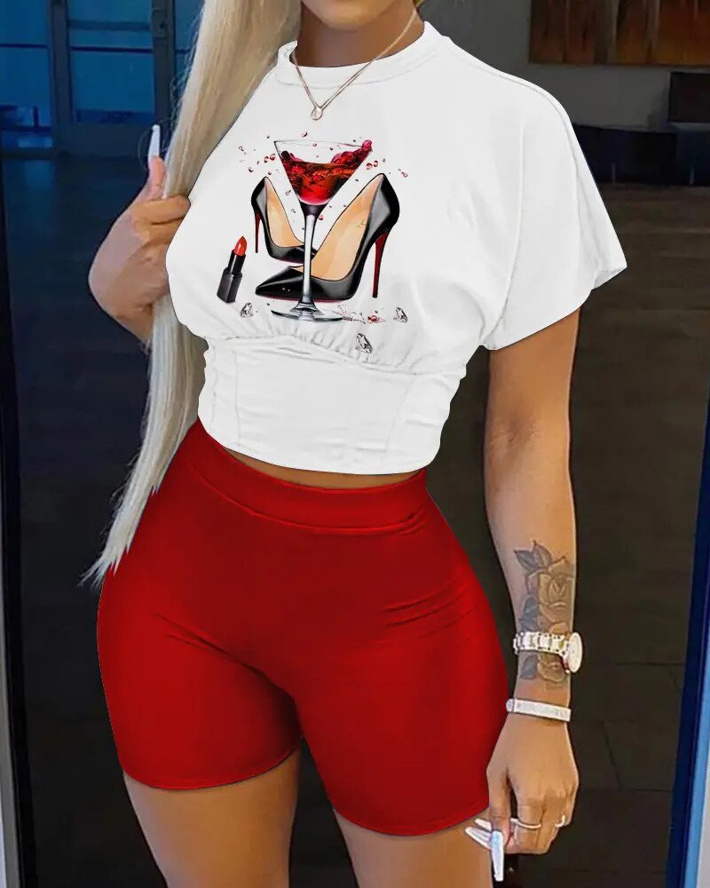 Summer Street Two Piece Set Women Streetwear Outfits Print Tshirt Biker Shorts sets Female Two Piece Suit Women Matching Sets
