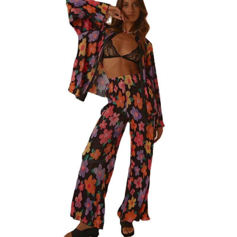 Women's Pleated Set Floral Elegant Casual Long Sleeve Blouses with High Waist Pants Set Female Loose Shirts Two Piece Pant Set