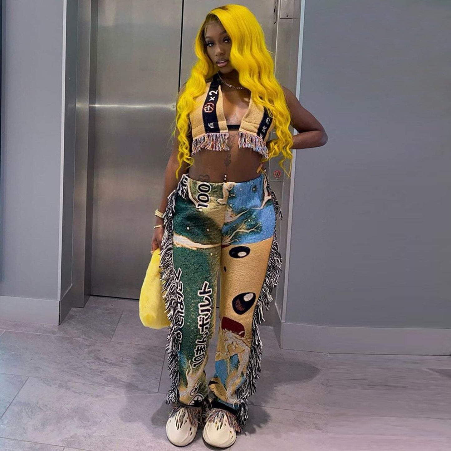 Print Tassel Beach Wear Two Piece Set Sexy V Neck Halter Lace Up Crop Top + Straight Pants Suits Club Party Tracksuit Women
