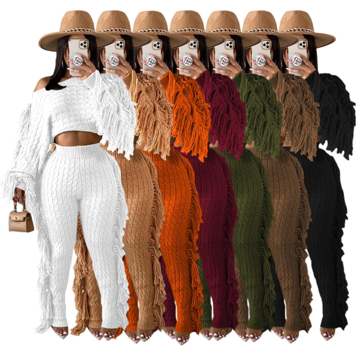 ANJAMANOR Tassel Knitted Sweater Sexy Two Piece Set Matching Pants Sets Fashion Winter Outfits for Women 2021 Wholesale D62-HZ95
