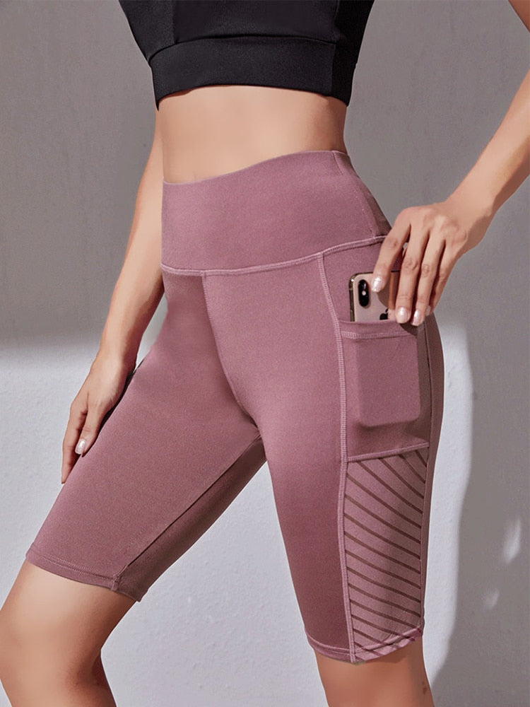 CHRLEISURE Fitness Shorts Women Casual Cycling Pockets Shorts Female Seamless High Waist Summer Breathable Biker Shorts Women