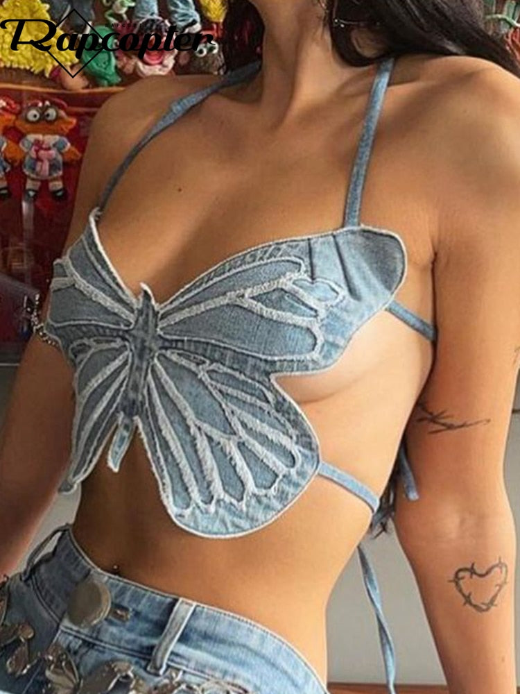 Rapcopter y2k Butterfly Jeans Crop Top Backless Strap Camis Sexy Blue Cute Party Sweats Women Beach Holiday Mini Vest Summer Tee