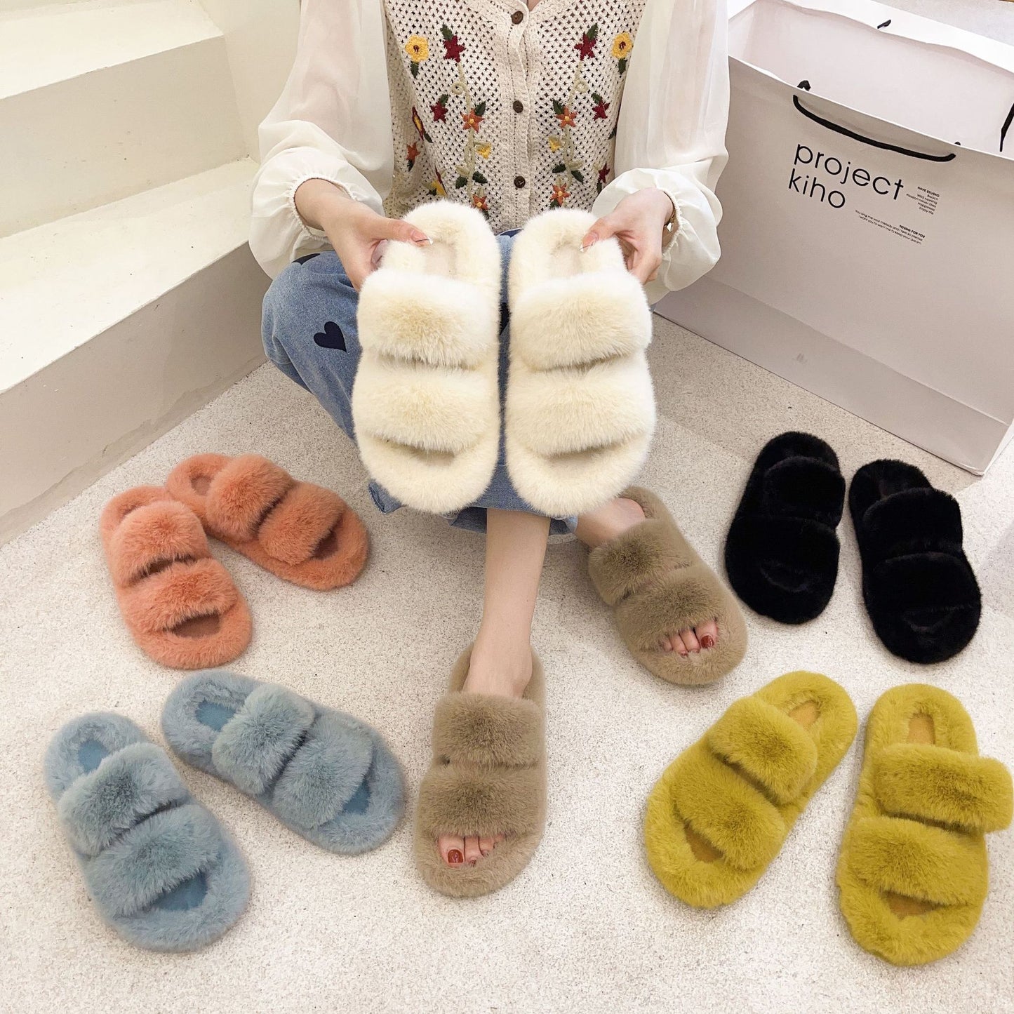 2022 Winter Keep Warm Women Fur Furry Slippers for Home Fluffy Soft Indoor Slides Thick Flats Heel Non Slip Indoor House Shoes