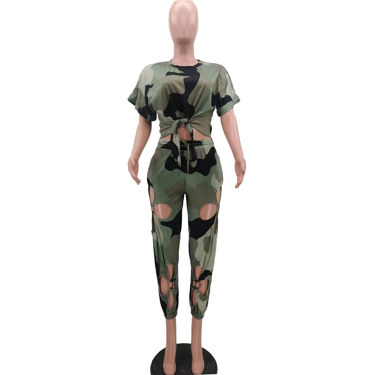 Women Pant Sets Casual Suits Camouflage Short Sleeve Tie Front Crop Top T Shirt &amp; Hollow Out Pants Sets Women Two Piece Suit