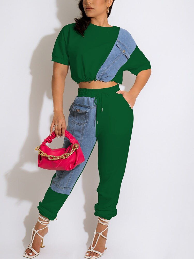 Women Two Piece Colorblock Denim Patchwork Suits Short Sleeve Crop Top &amp; Slim Pants Set