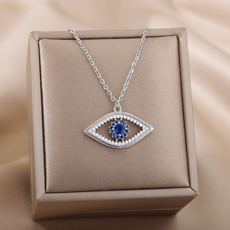 Turkish Evil Eye Pendant Necklace for Women Stainless Steel Gold Chain Necklaces 2022 Trend Choker Boho Lucky Aesthetic Jewerly