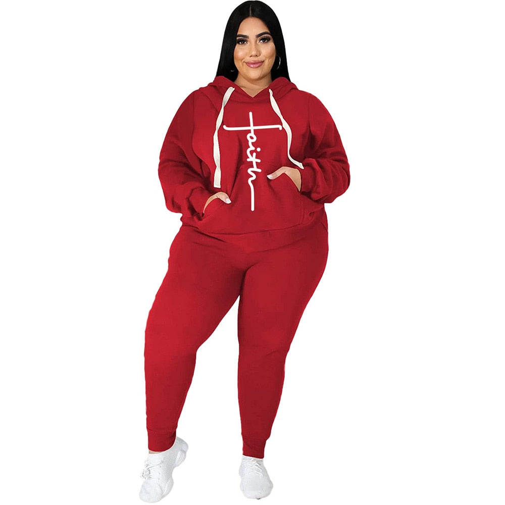 Trendy Tracksuit Sets Plus Size Women Clothing 2 Piece Sets Fashion Pocket Sweatshirt Print Stretch Sports Pants Suits Wholesale