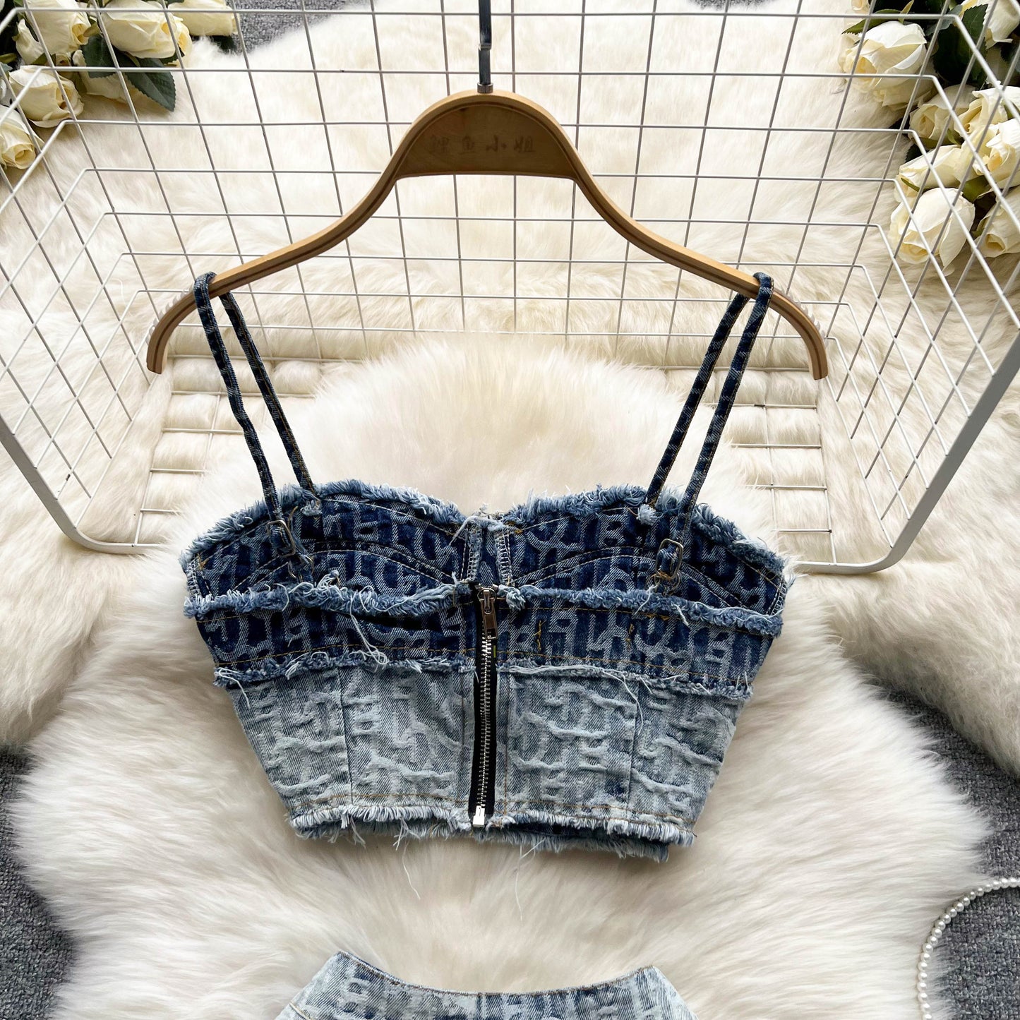 Summer Two Piece Set Women's Denim Suits With Shorts Spagetti Strap Crop Top And High Waist A-Line Short Sexy Outfits For Woman