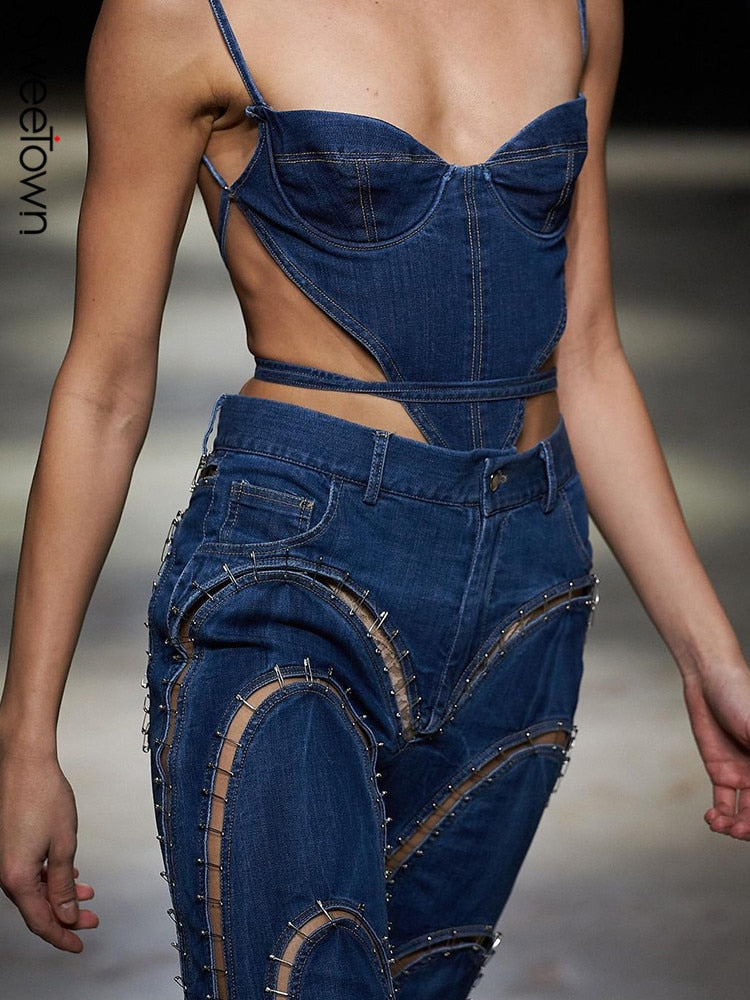 Sweetown Backless Bandage Sexy Irregular Denim Crop Top Female Contrast Stitching Slim Corset Camisole Cool Cow Girl Streetwear