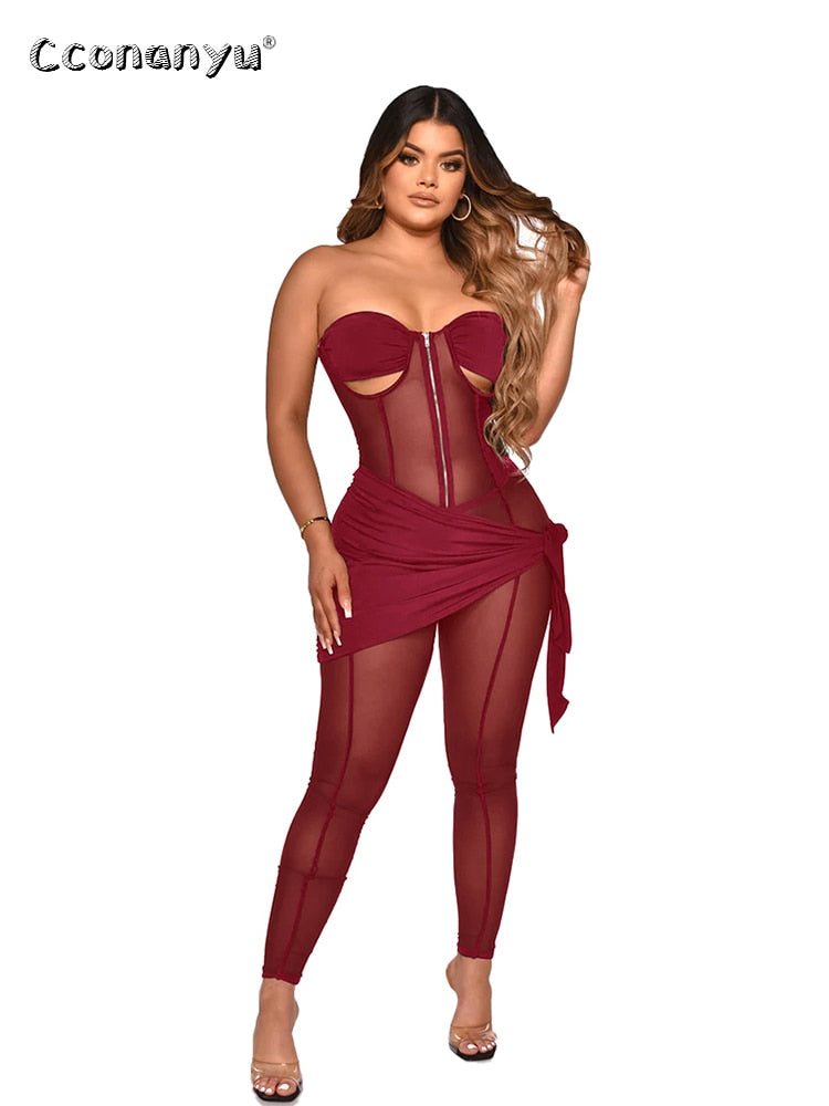 Nightclub Party Sexy Off Shoulder See-through  Zipper Bodycon Romper One Piece Long Pants Jumpsuit Women 2022 Elegant Overalls