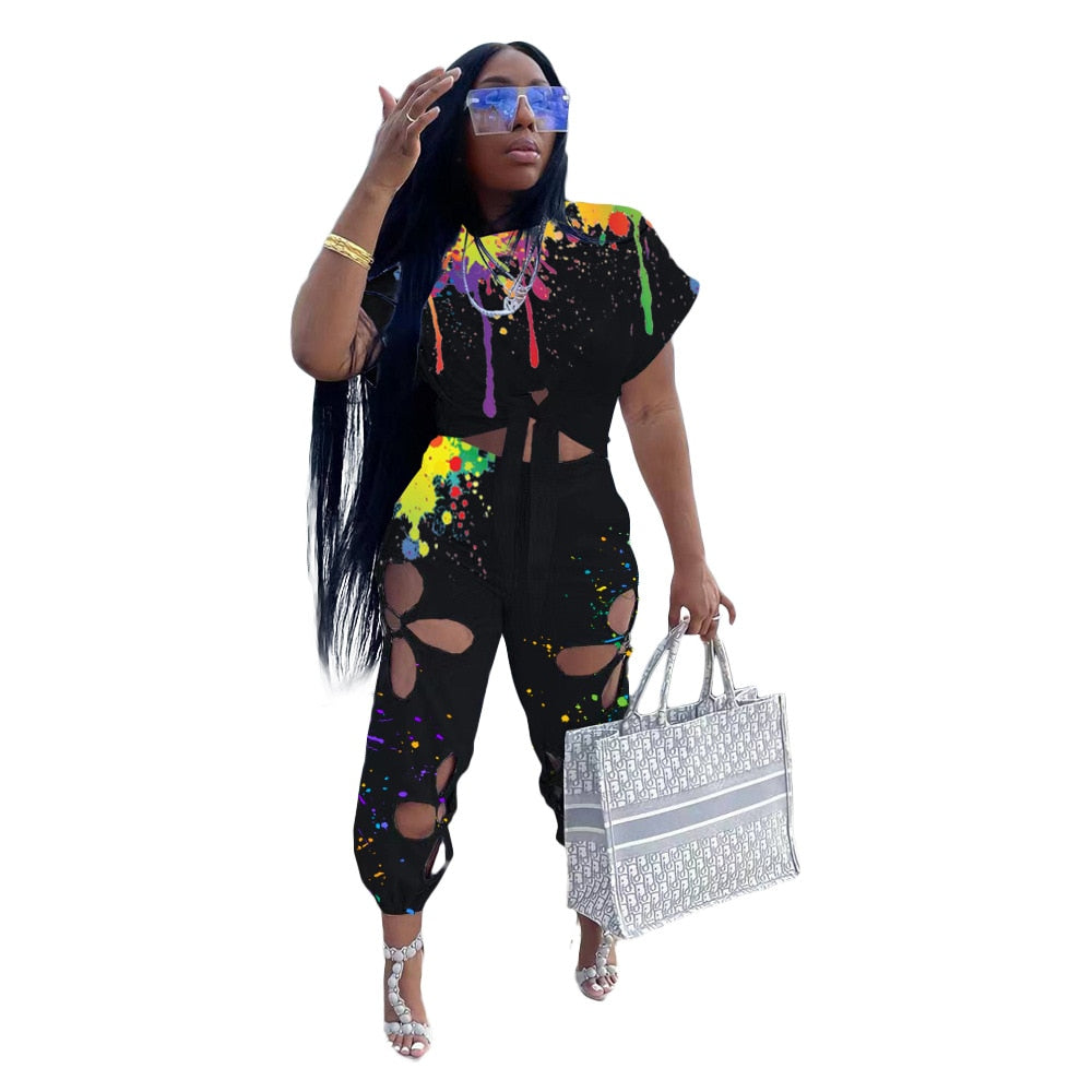 Women Two 2 Piece Set Splash Ink Tie Hem T-shirt and Hole in Lace Pants Streetwear Tracksuit 2022 Office Casual Suit