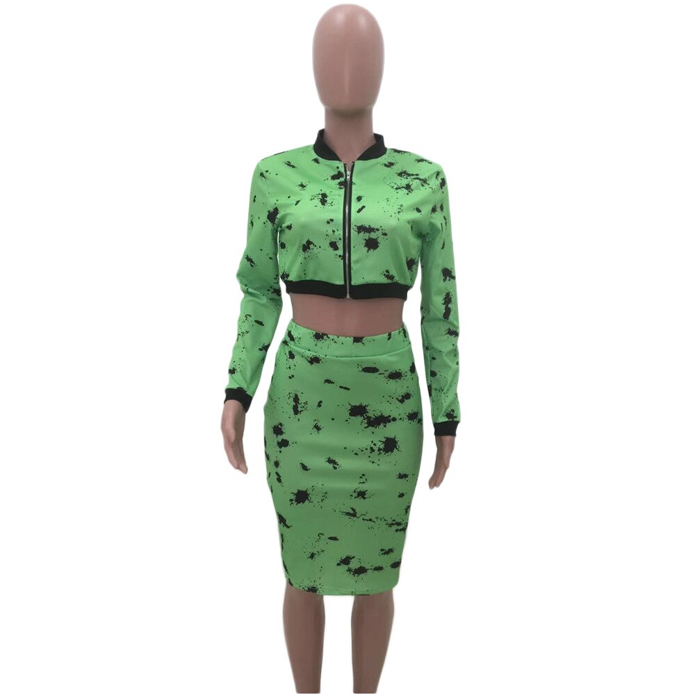 Women Crop Jacket and Midi Skirts Summer Outfit Camo Skirt 2 Peice Set Fashion Zipper V Neck Full Sleeve Crop Top Skirt Sets