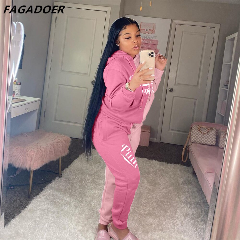 FAGADOER Autumn PINK Embroidery Two Piece Sets Tracksuit Women Outfits Patchwork Long Sleeve Sweatsuits Hoodies Pants Sets Suit