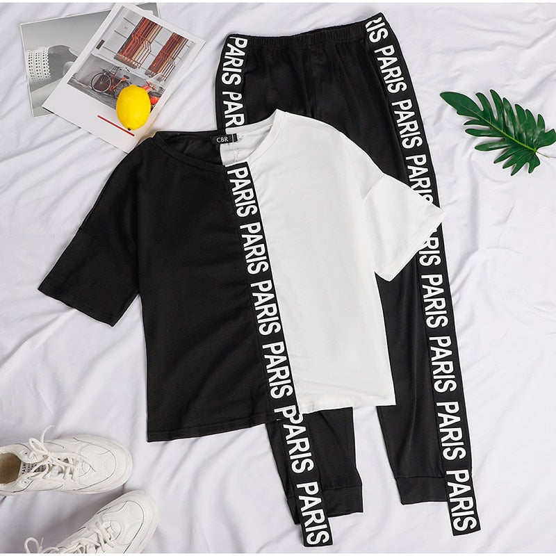 Off Shoulder Tracksuit Women Two Piece Set Summer Clothes Letter Print Colorblock Tshirt Top and Pants Suit Women's Sets Outfits