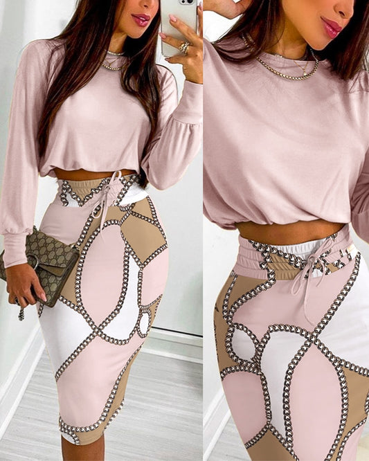 Women Two Piece Suits Long Sleeve Top &amp; Chain Print Colorblock Drawstring Shirred Skirt Set Sexy Robe Femme