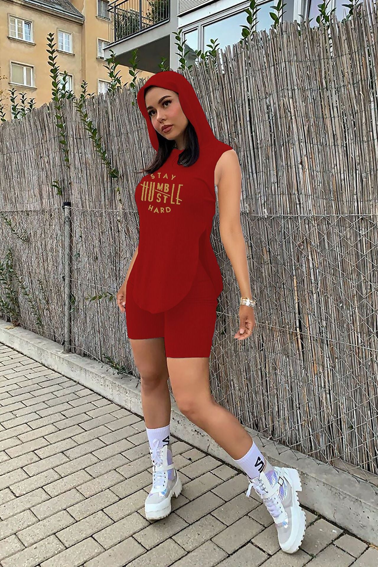 Women's Summer Casual Pit Strip Hood Two Piece Crew Neck Short Sleeve Top and Shorts Pants Printed Fashion Two Piece Set
