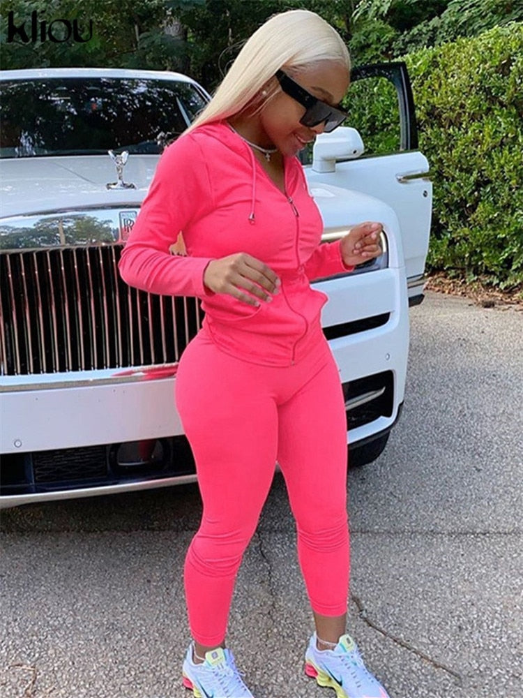 Kliou autumn new women hooded zipper pocket long sleeve tops sporty leggings matching set workout bodycon casual stretchy outfit