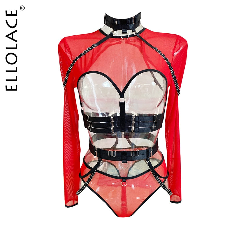 Ellolace Sexy Lingerie Sexual Costume Cut Out Porn Transparent Exotic t-Shirts Gothic Sensual Accessories 4-Piece Garter Belt