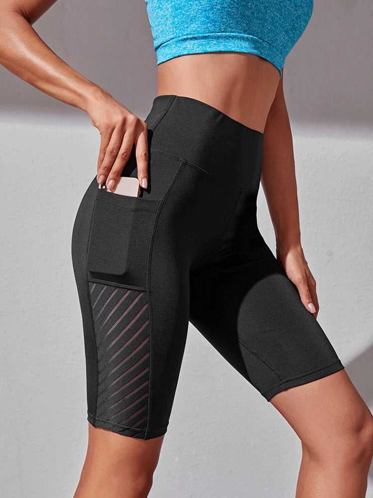 CHRLEISURE Fitness Shorts Women Casual Cycling Pockets Shorts Female Seamless High Waist Summer Breathable Biker Shorts Women