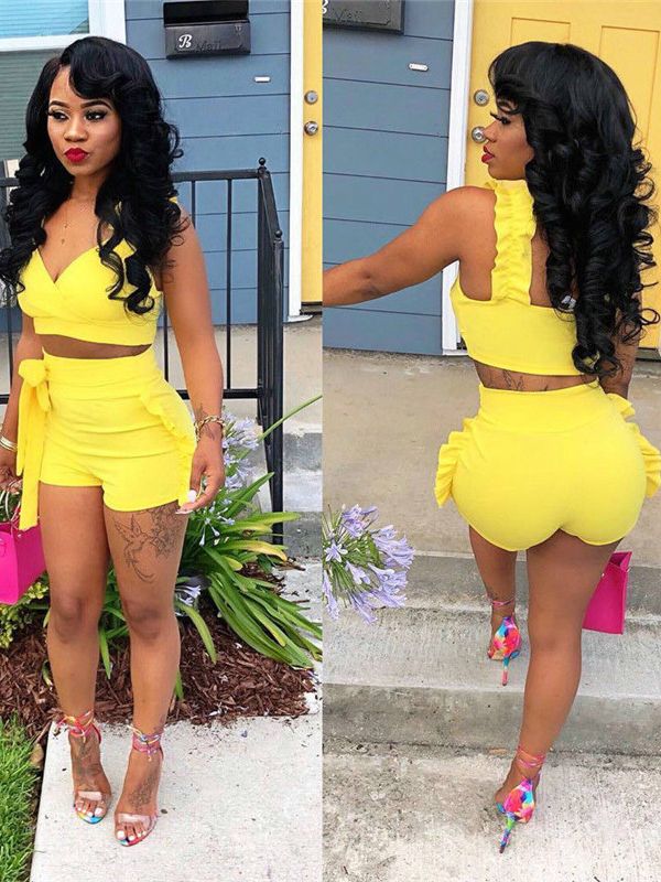 Two Piece Set 2019 Summer women crop tops High Waist Shorts 2pcs Ruffles Bow outfits Ladies Yellow Slim matching Clothes sets