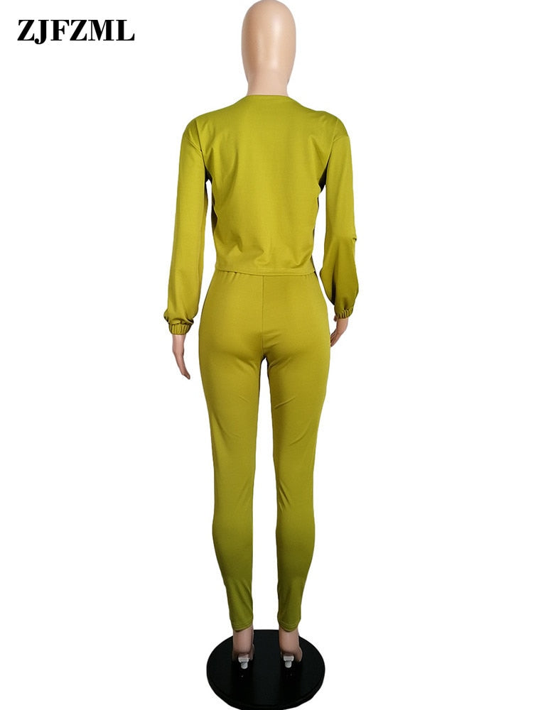 LUCKY LABEL Embroidery Long Sleeve Loose Crop Top and Skinny Pencil Legging Casual Sweatsuits 2 Piece Matching Set Co-ord Outfit