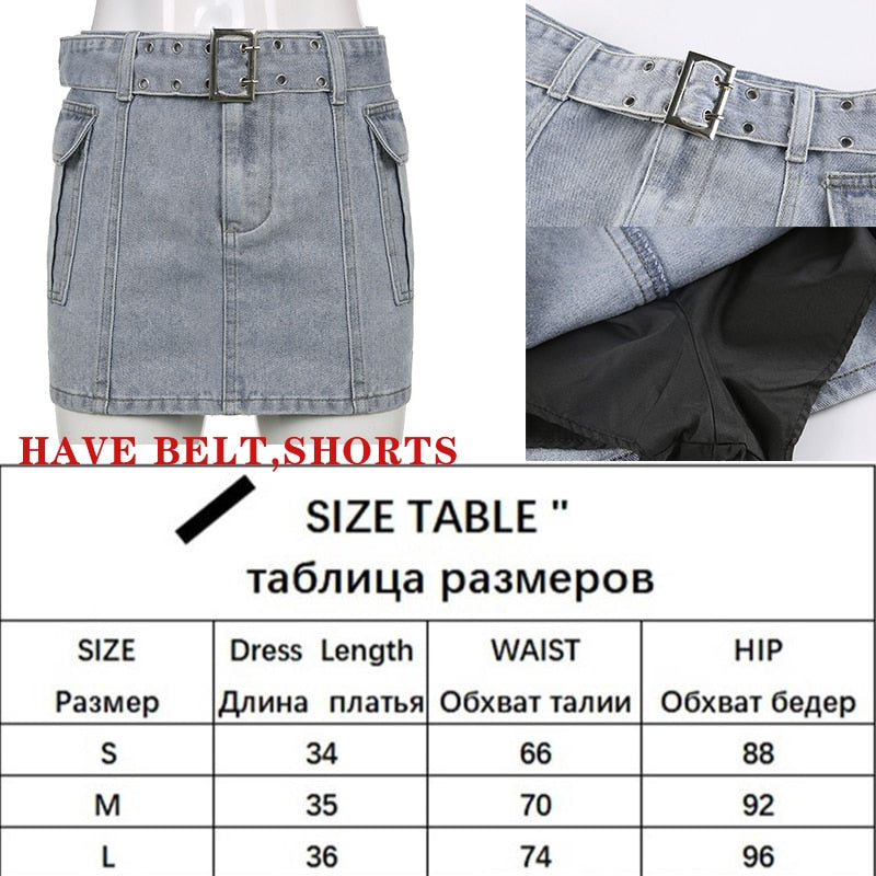 SUCHCUTE Streetwear Cargo Mini Skirts Women Harajuku Vintage 90s Casual Hight Waist Sexy Clubwear Clothes Belt Denim Short Skirt