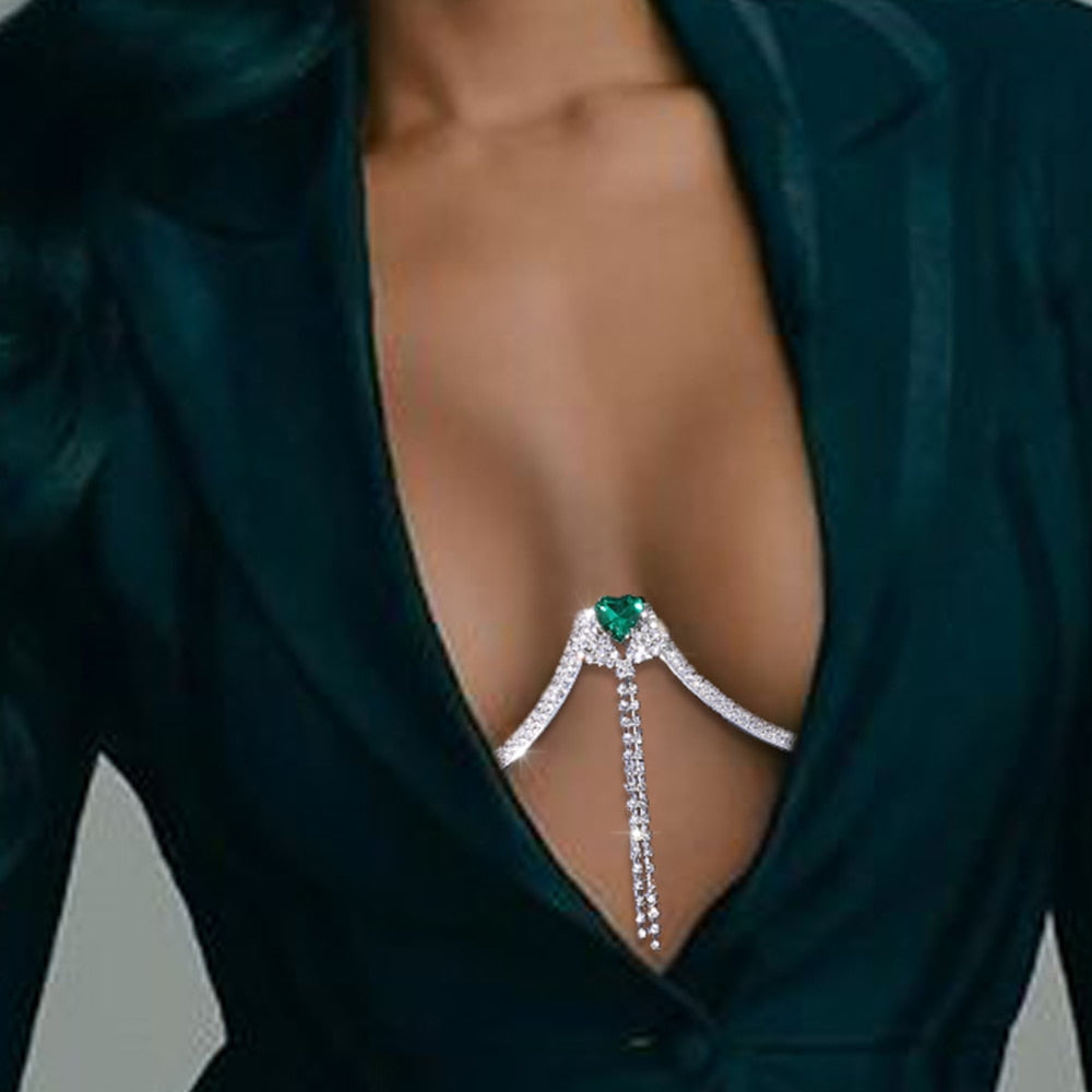 Stonefans Luxury Green Heart Crystal Chest Bracket Lingerie Chain Ladies Rhinestone Breast Bra Chain Sexy Bikini Outfits Jewelry