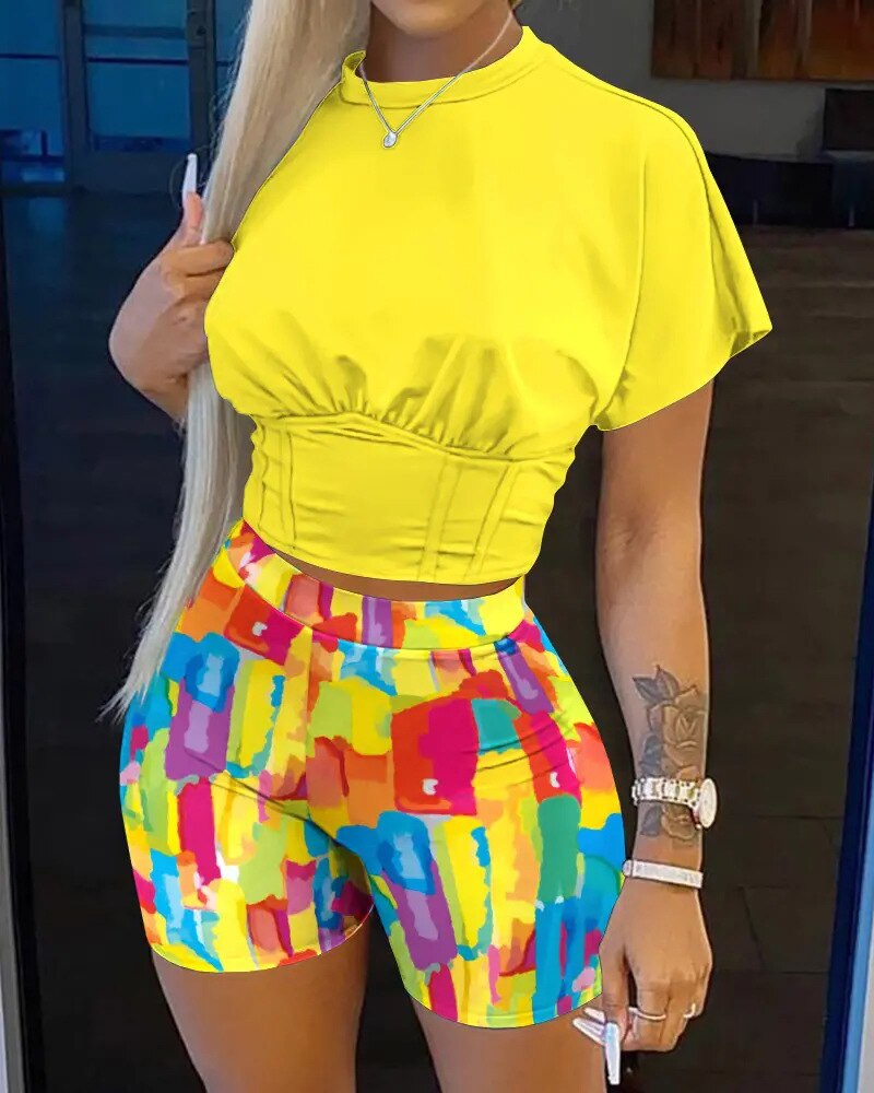 Summer Street Two Piece Set Women Streetwear Outfits Print Tshirt Biker Shorts sets Female Two Piece Suit Women Matching Sets