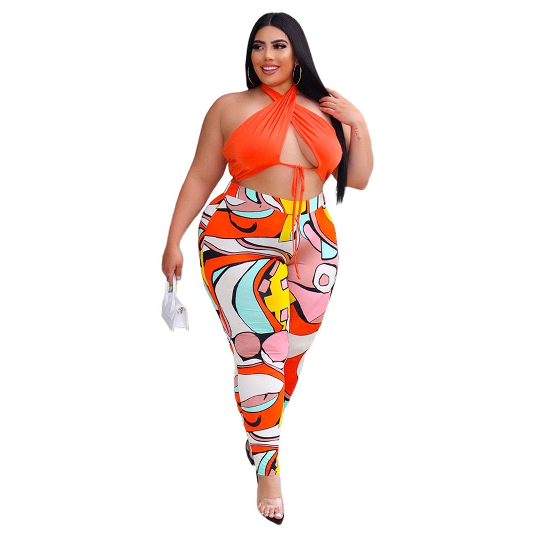 5xl Summer Outfits Sexy Lace Up Top Print Sweatpants Hollow Out Plus Size Two Piece Sets Women Clothing Wholesale Dropshipping