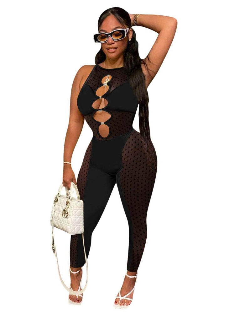 Mesh Jumpsuit Women Summer See Through Elegant Black White Yellow Jump Suits Cut Out One Piece Outfits Monos Mujer Clubwear 2022