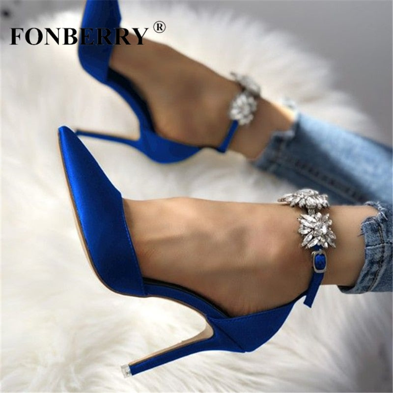 FONBERRY Pink Satin Rhinestone High Heels Bridal Wedding Shoes Women 2022 Pointed Toe Stiletto Crystal Ladies Party Pumps