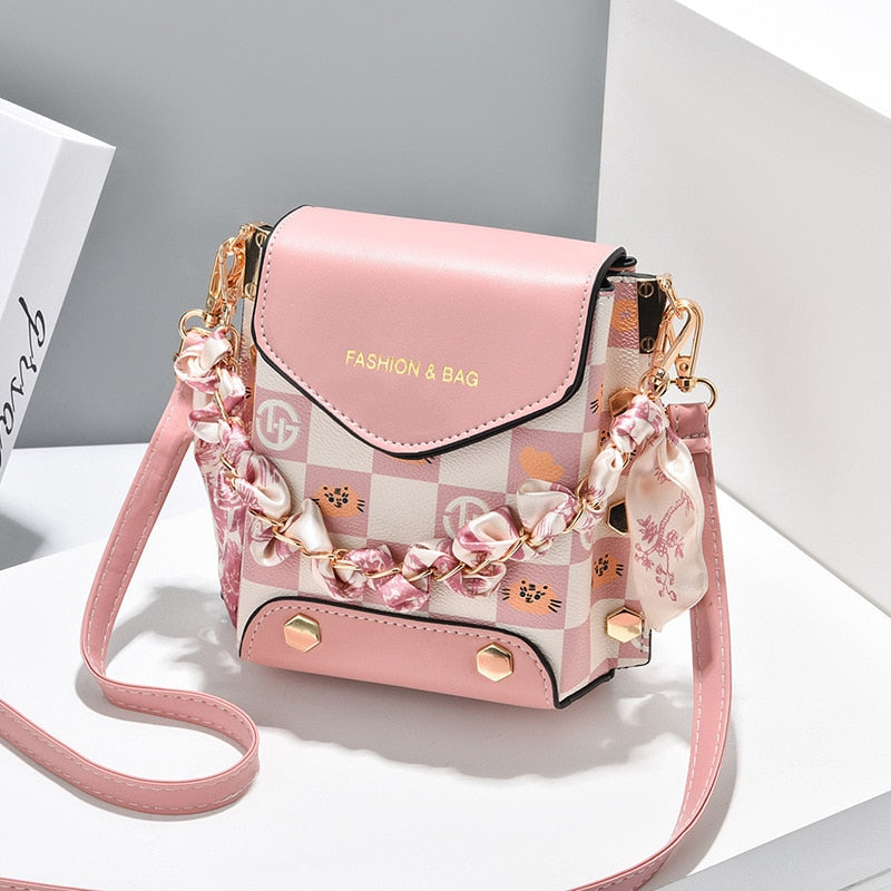 Fashion Women Pattern Shoulder Bag Hardware Chain Strap Color Block Messenger Handbag Composite Cross Body Bag