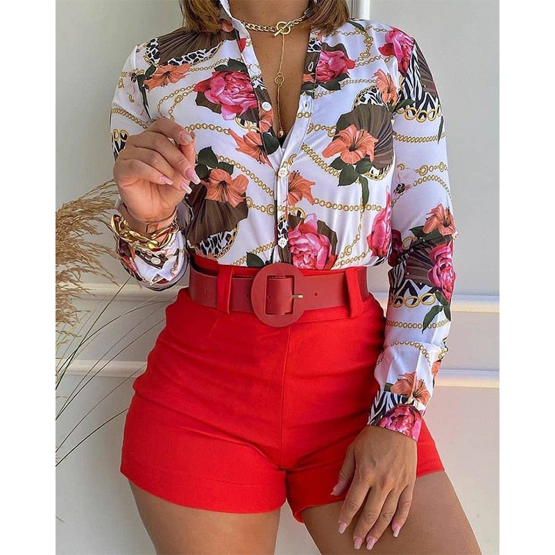 2022 Women's Suit Summer Tracksuit Shorts Sets Two Piece Sets Women Outifits Long Sleeve Sexy Print Blouses Women No Belt