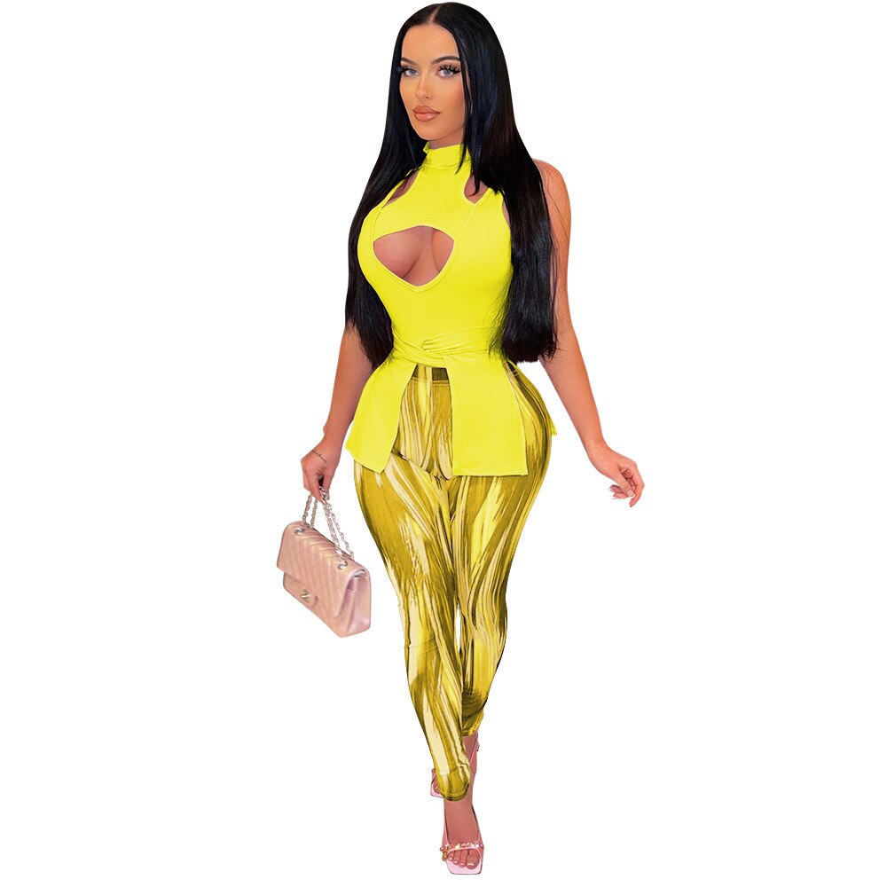 Echoine 2022 Spring/Summer Women's Hollow Sexy Sleeveless Strappy Irregular Top and Printed Trousers Slim Casual Two-piece Set