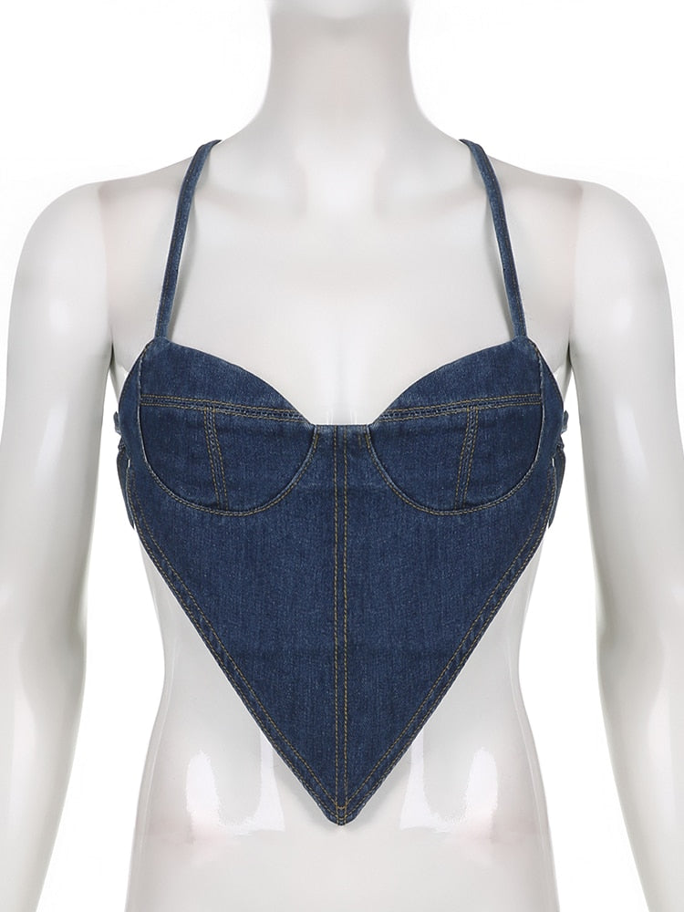 Sweetown Backless Bandage Sexy Irregular Denim Crop Top Female Contrast Stitching Slim Corset Camisole Cool Cow Girl Streetwear