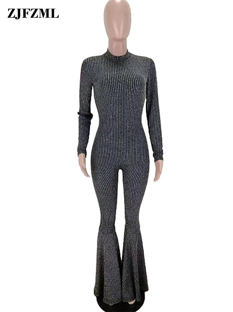 Bling Lurex Sexy Bell Bottom Bodysuit Long Sleeve Striped Flare Jumpsuit Party Night Club Ladies One Piece Bodycon Bodysuit