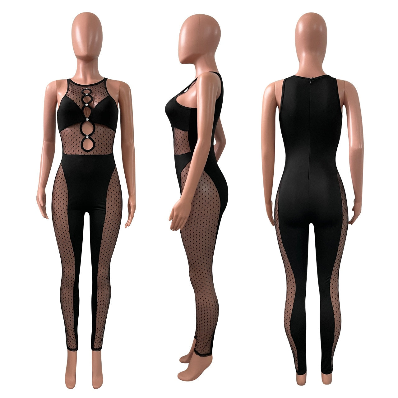 Mesh Jumpsuit Women Summer See Through Elegant Black White Yellow Jump Suits Cut Out One Piece Outfits Monos Mujer Clubwear 2022
