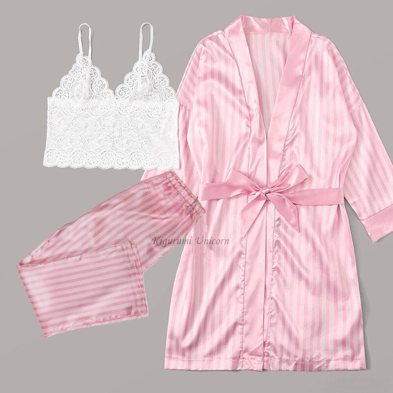 2022 New Robe Sets Pijamas Women Faux Silk Pajamas for Women Sexy Lace Hot V-neck Sleep wear Satin Summer Clothing Sets Homewear
