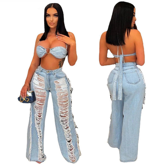 Echoine Women Street Denim Suit Crop Top And Hole Tassel Jean Trouser Pants Two 2 Piece Set 2022 Summer Elegant Jeans Outfits